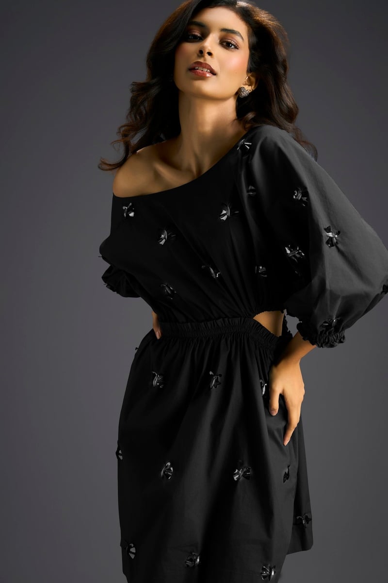 Black One-Shoulder Cotton Dress with Butterfly Embellishments — Deepika Arora