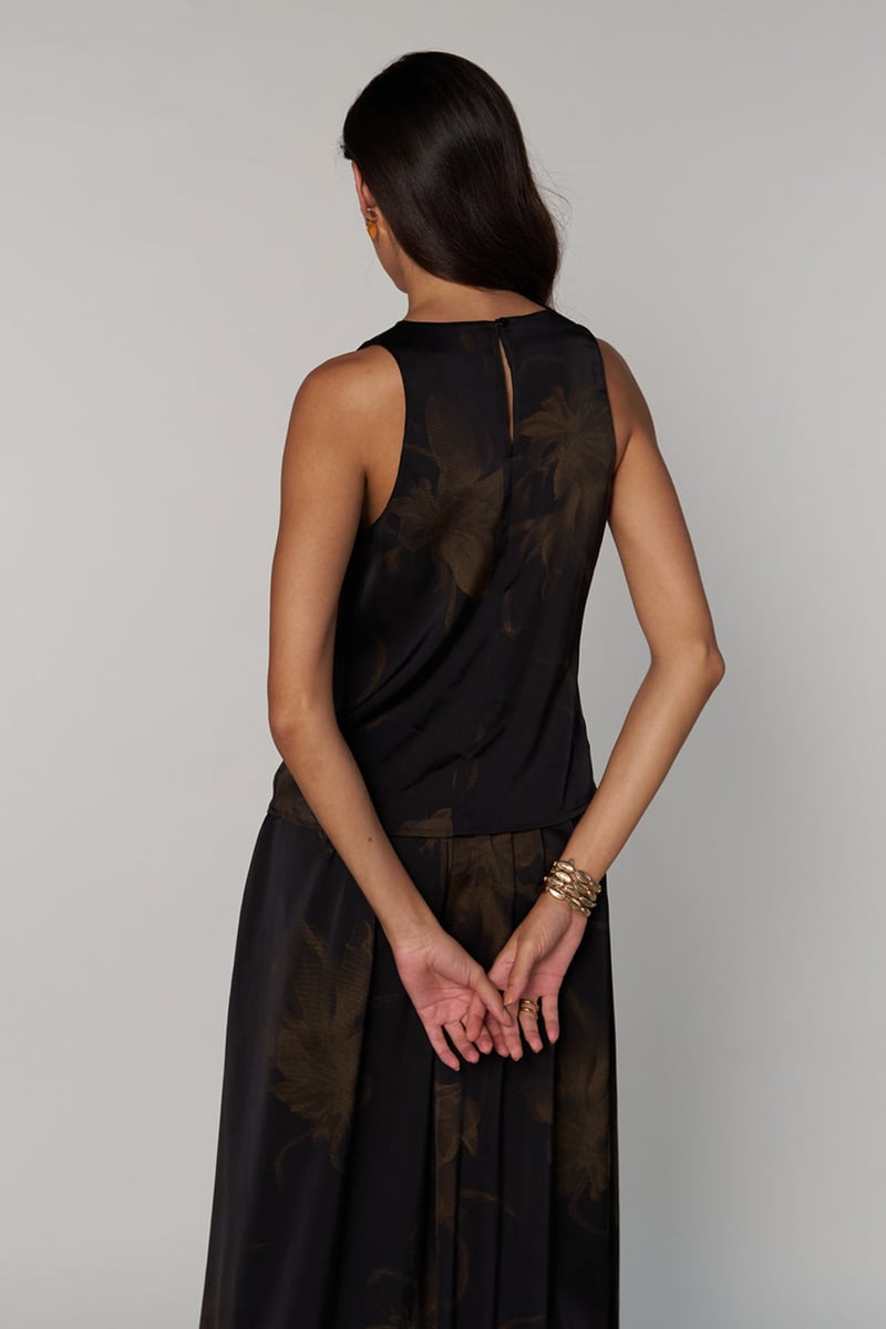 Black Satin Cowl Neck Sleeveless Printed Top