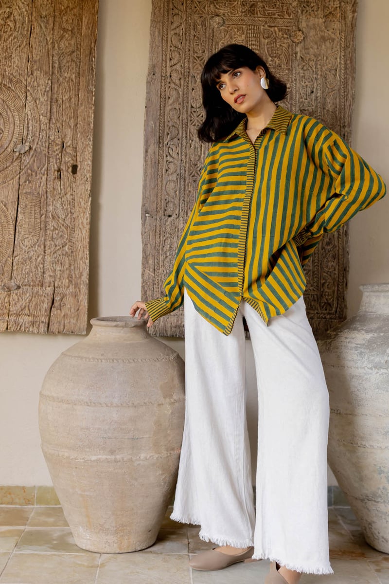 Moss Green and Mustard Striped Relaxed Fit Shirt