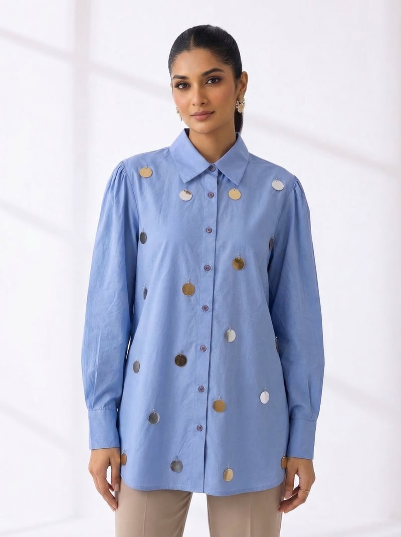Periwinkle Embellished Longline Cotton Shirt — KIHIKI