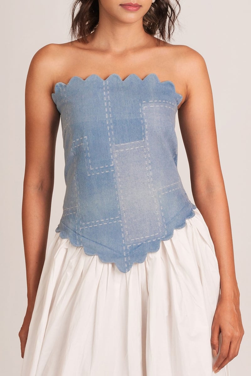 White and Blue Denim Corset Bodice Midi Dress