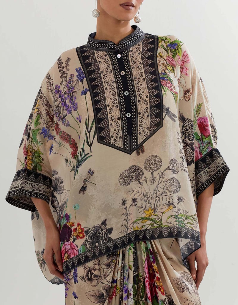 Multicolour Botanical Kaftan Top and Drape Skirt Set