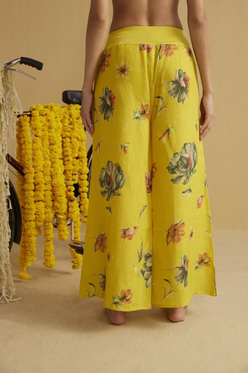 Bumblebee Yellow Linen Floral Palazzo Pants