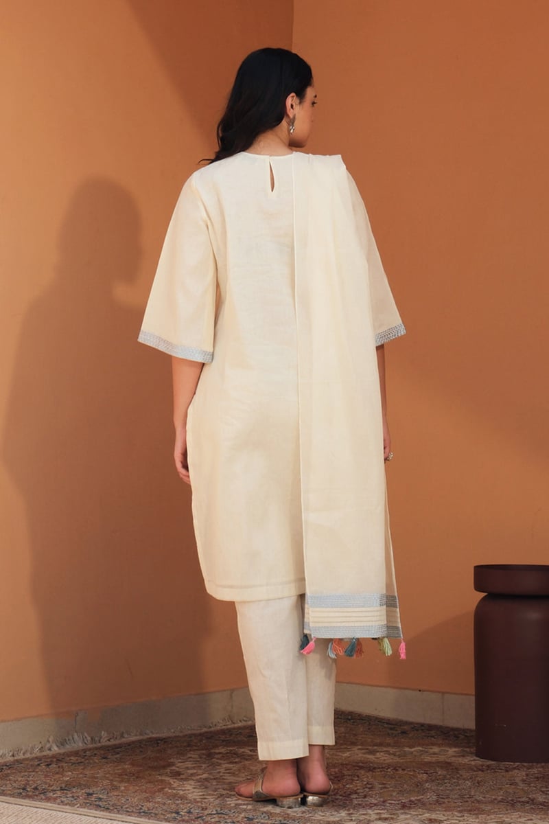 Off-White Mul Mul Kurta Set with Blue Grid Embroidery