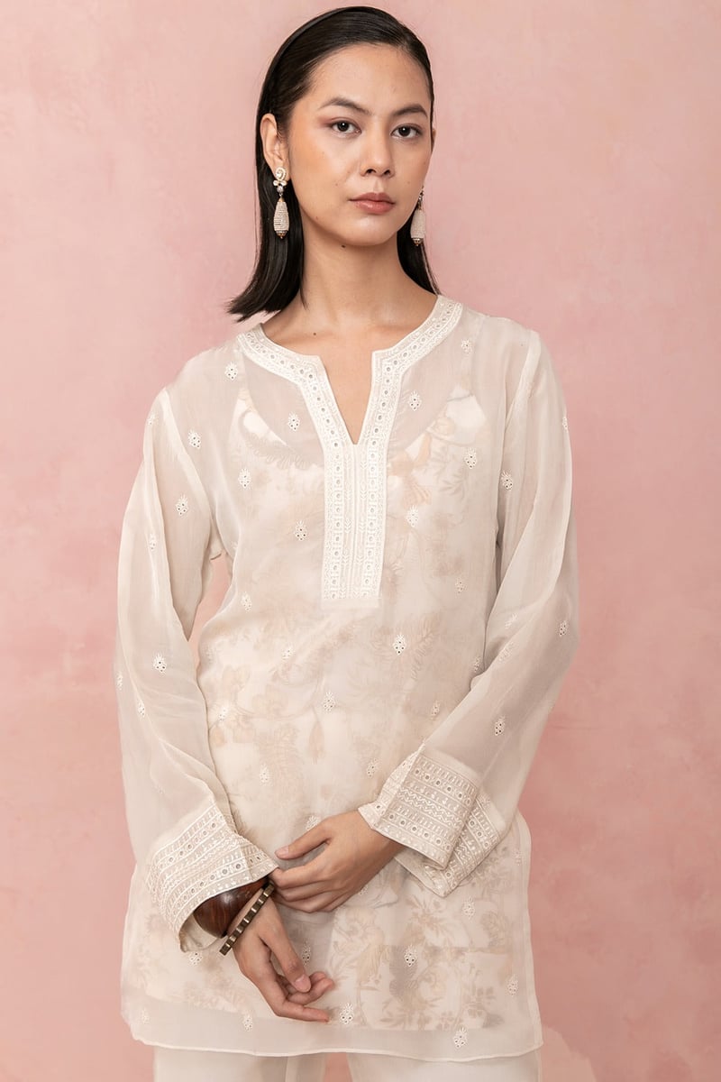 Ivory Sheer Organza Schiffli Tunic and Flared Pants Set