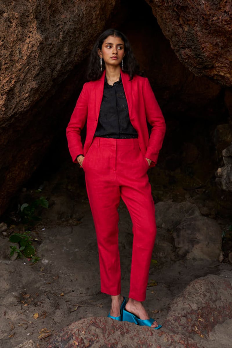 Red Linen Shawl Lapel Single-Button Tailored Blazer