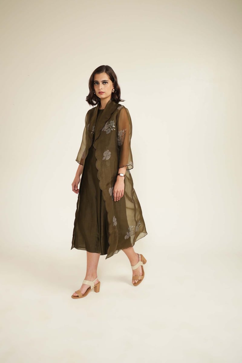 Olive Silk Chanderi Culotte Jumpsuit with Organza Jacket