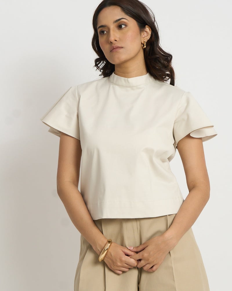 Cream Cotton Mock Neck Flutter Sleeve Top