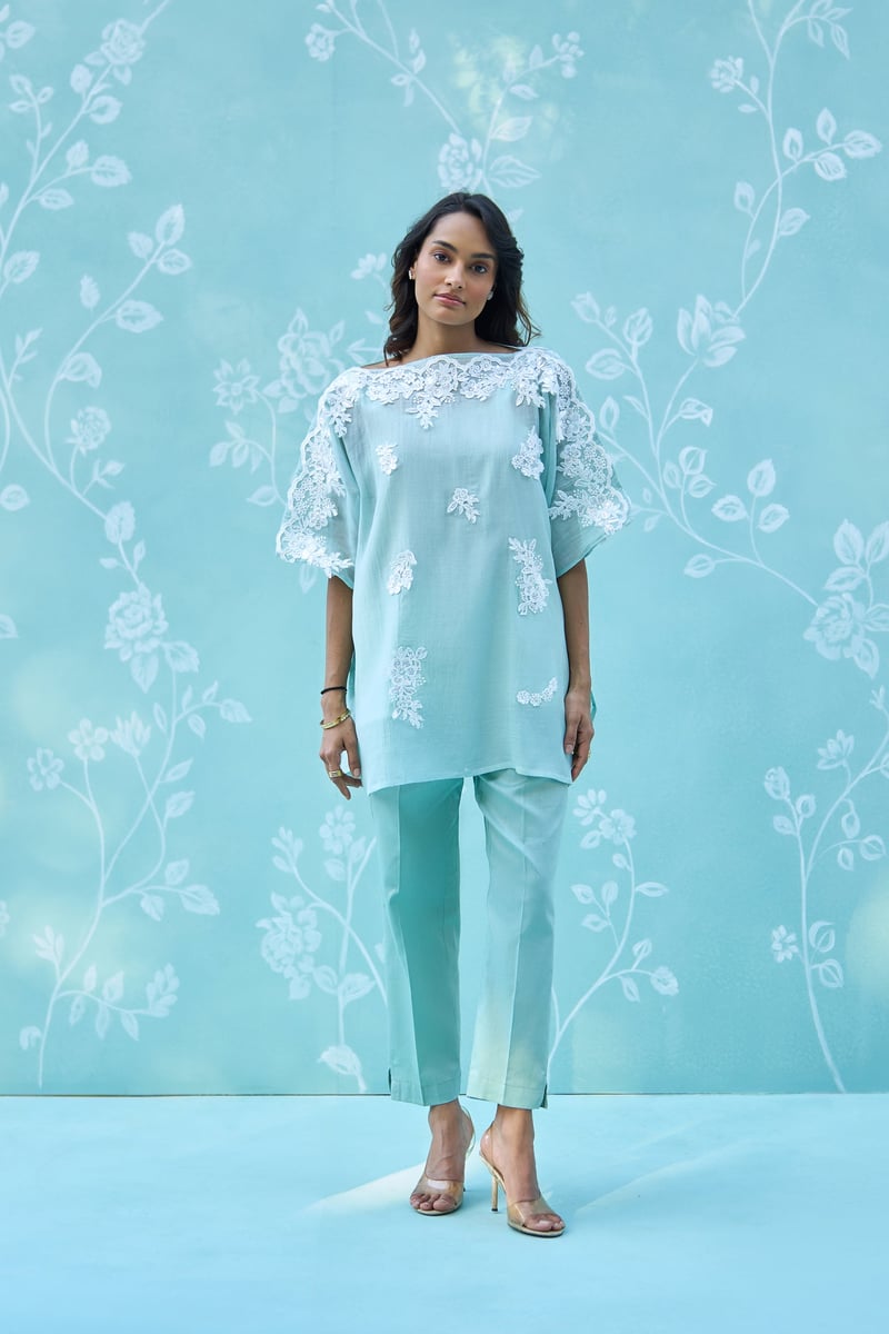 Mint Green Lace-Detail Tunic and Pants Co-ord Set