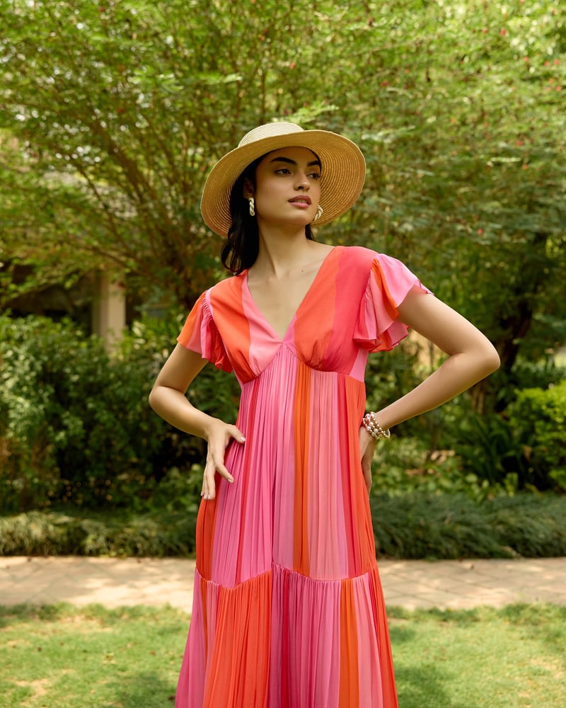 Pink and Orange Colorblocked Tiered Maxi Dress