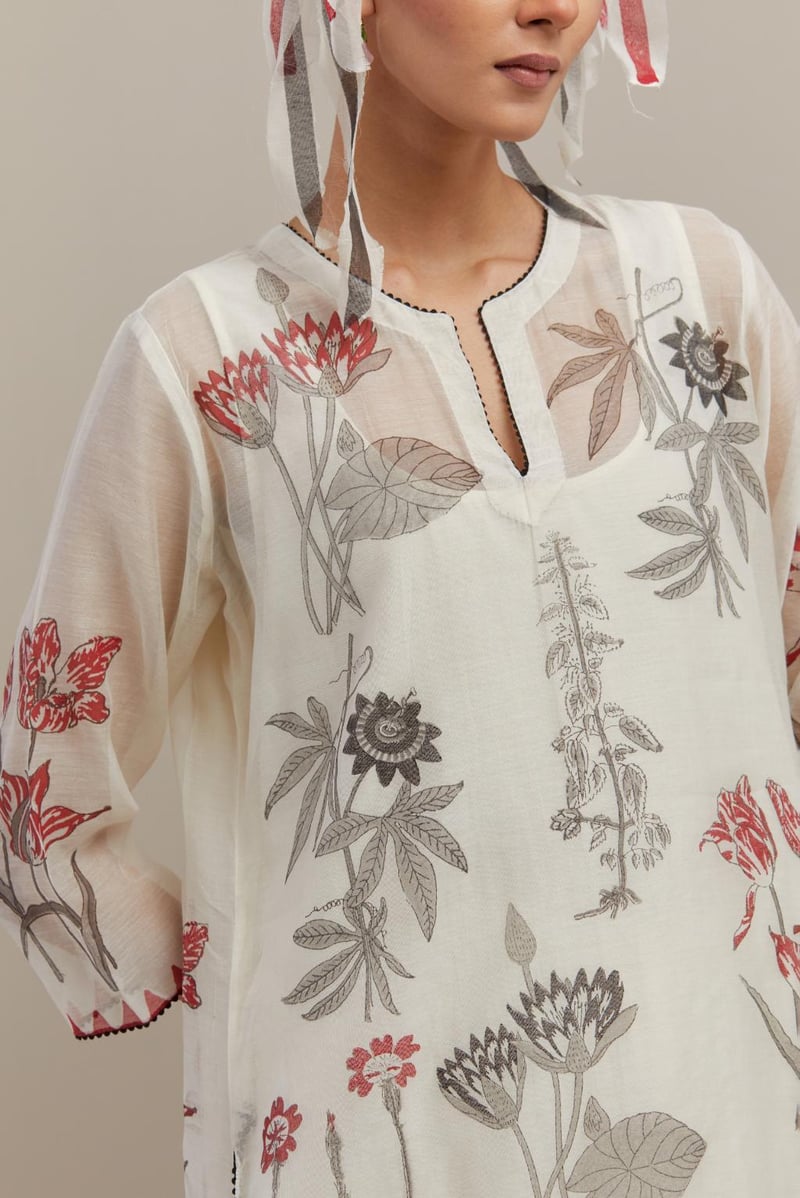 Off White Floral Block Print Cotton Chanderi Kurta Set