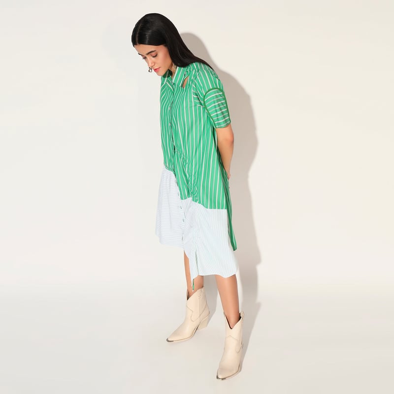 Green Striped Colorblock Cotton Shirtdress