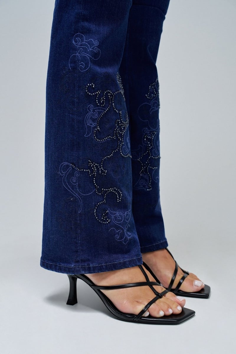 Blue High-Rise Bootcut Jeans with Embellished Hem