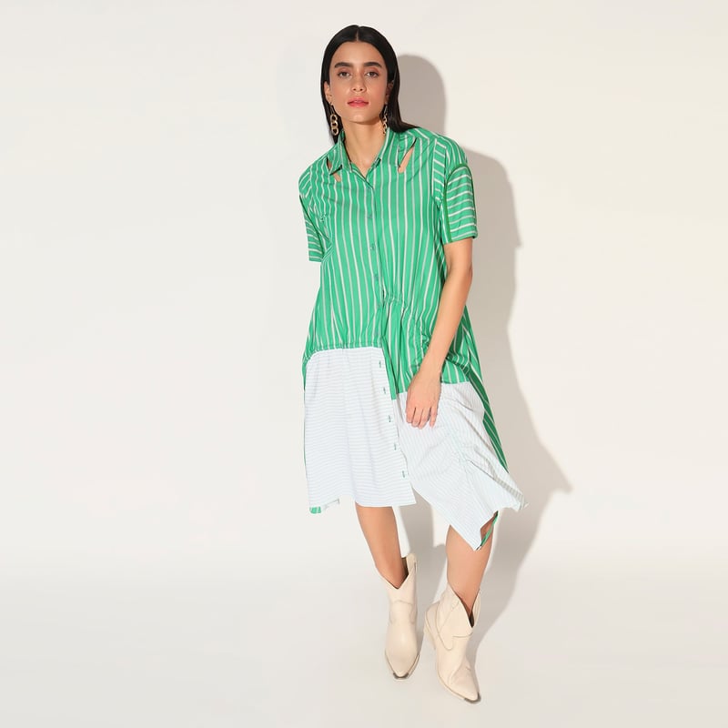 Green Striped Colorblock Cotton Shirtdress