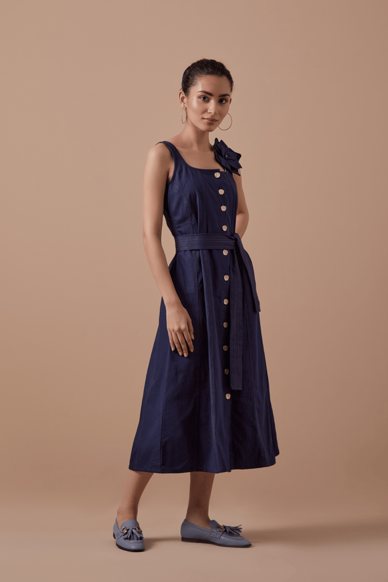 Navy Button-Front Belted Midi Dress with Flower Detail