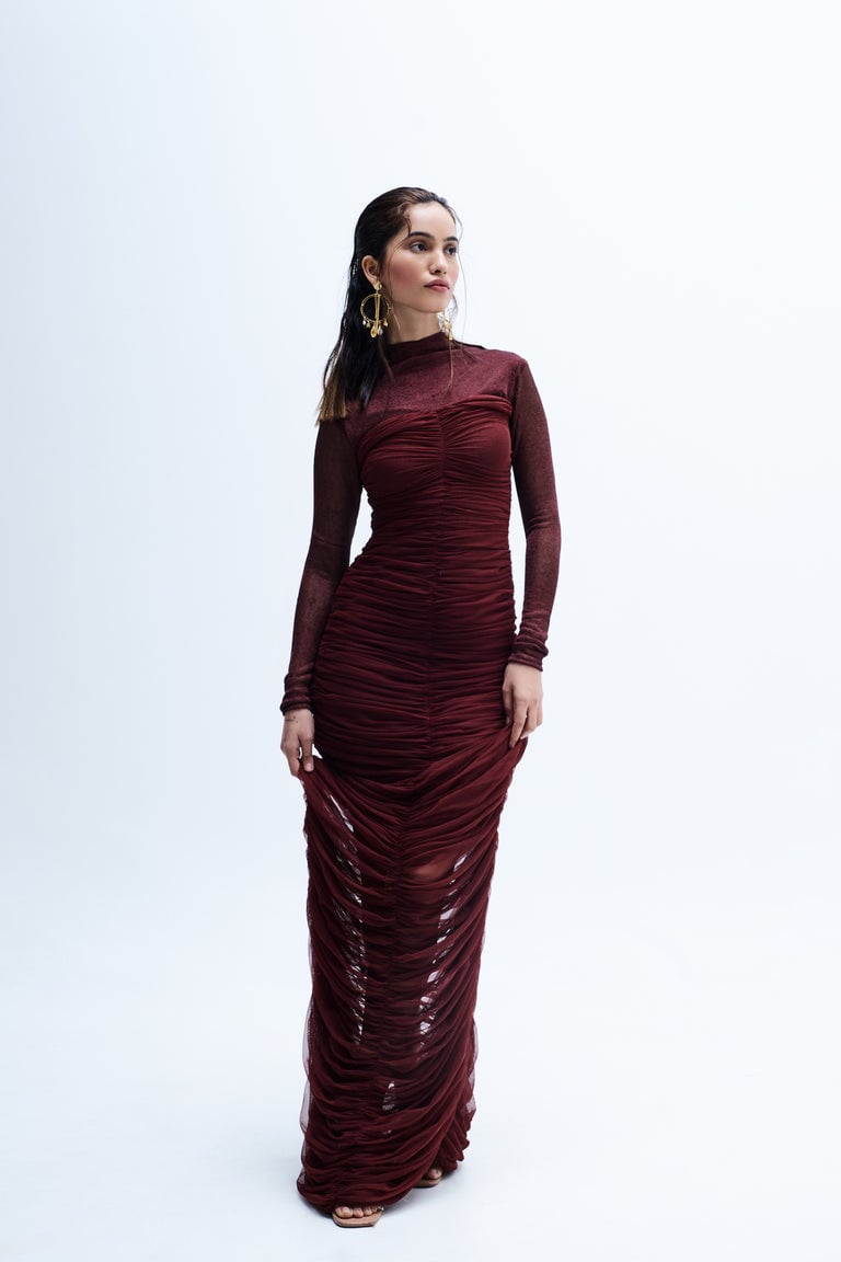 Maroon Ruched Mesh Bodycon Maxi Dress