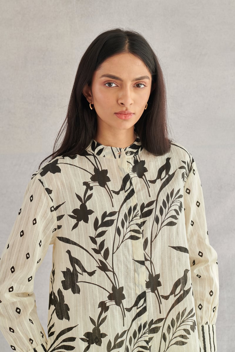 Creme Monochrome Printed Cotton Dobby Shirt