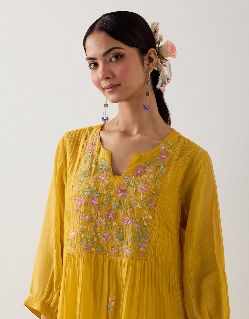 Mustard Chanderi Embroidered Yoke Kurta Set