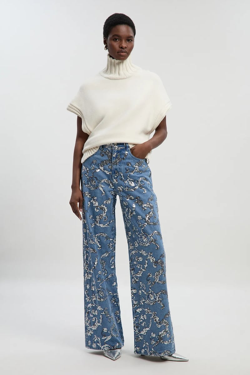 Mid Blue High-Rise Wide-Leg Sequin Jeans — KAREN MILLEN