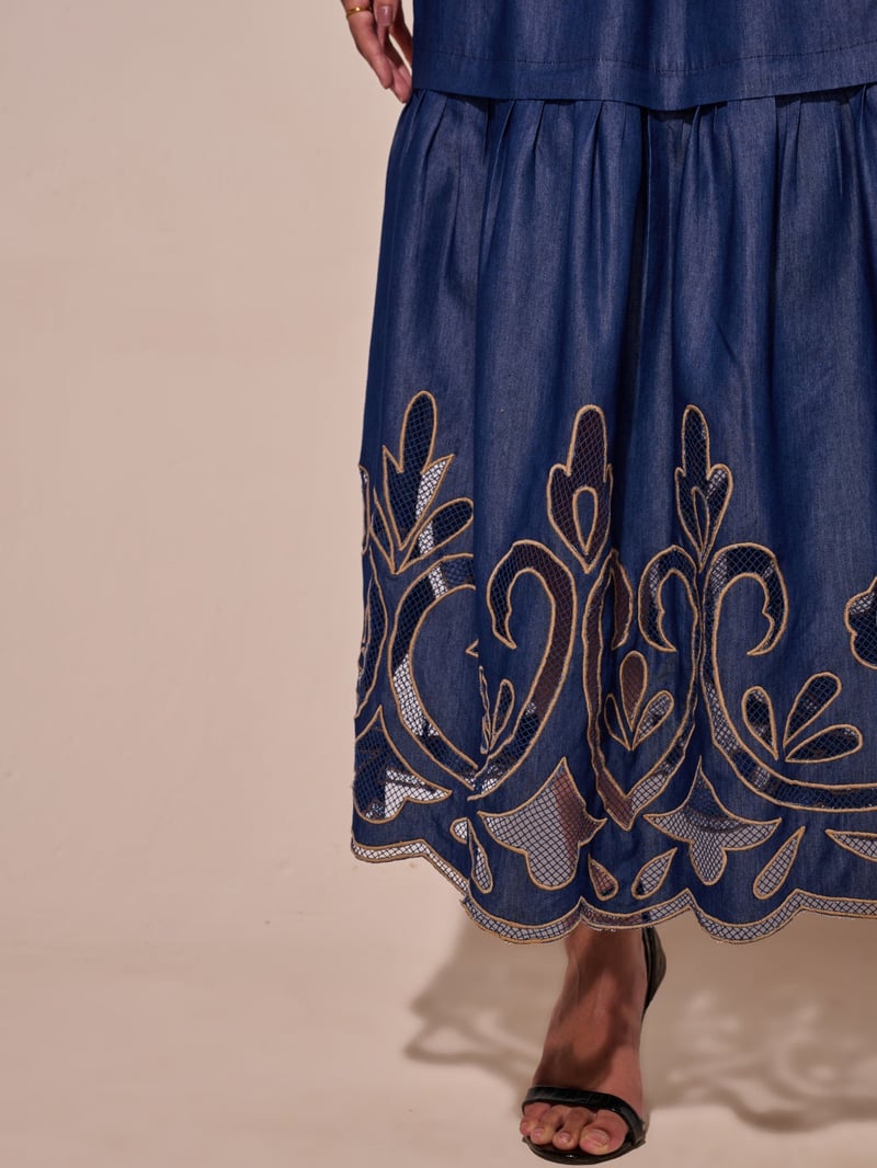 Blue Denim Tiered Midi Skirt with Cutwork Hem