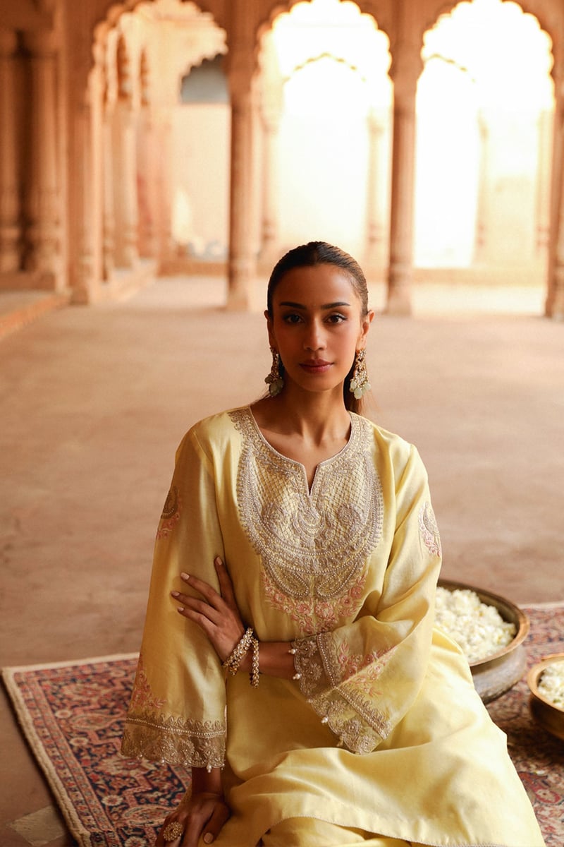 Lemon Yellow Embroidered Short Kurta with Salwar Set