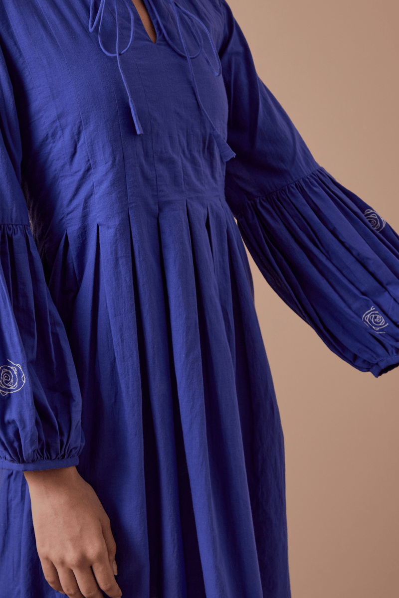 Blue Fit and Flare Knee-Length Dress with Puff Sleeves