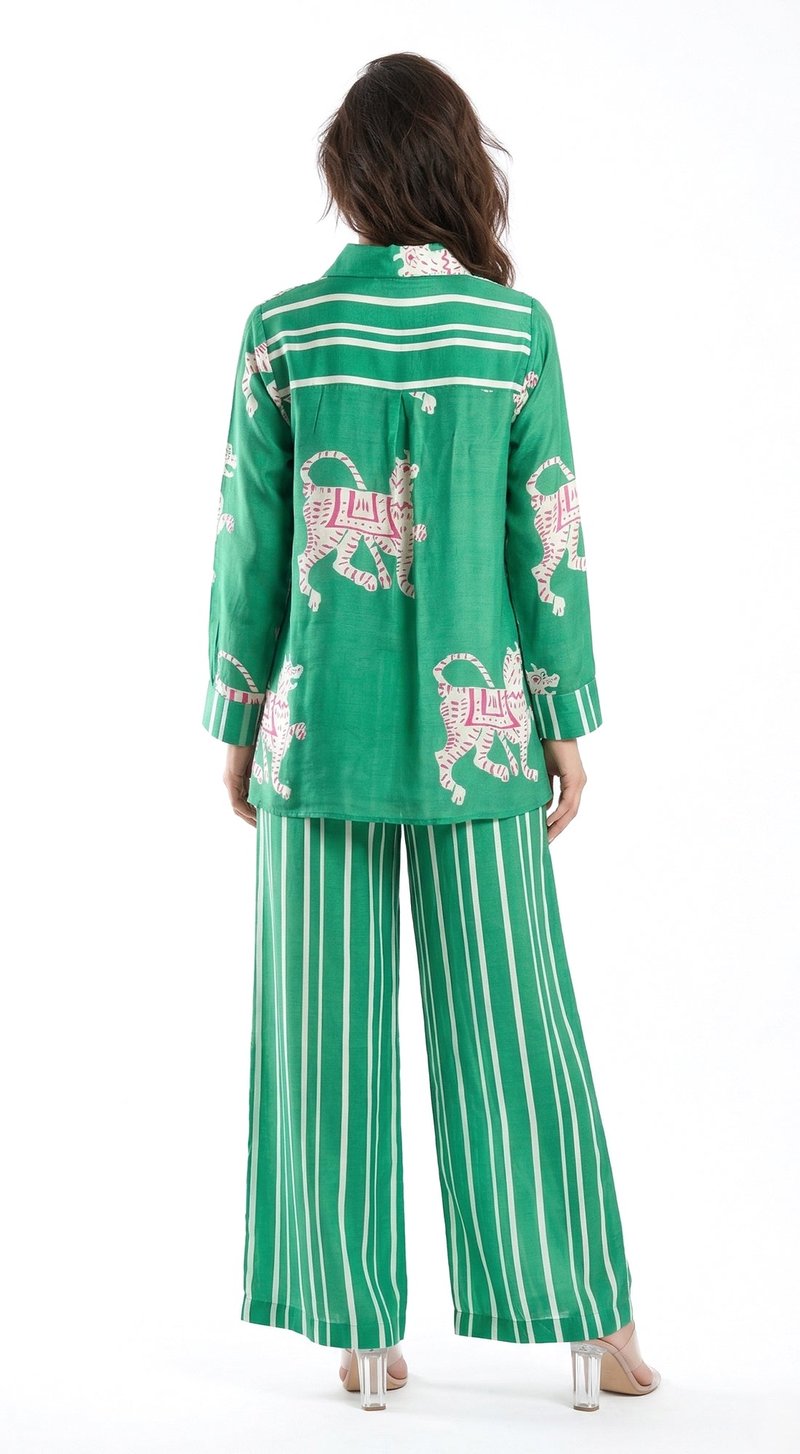 Green Muslin Printed Shirt and Wide-Leg Pants Co-ord Set
