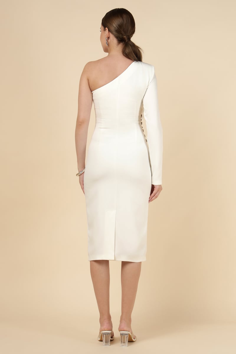 Ecru One-Shoulder Bodycon Midi Dress with Crystal Detail