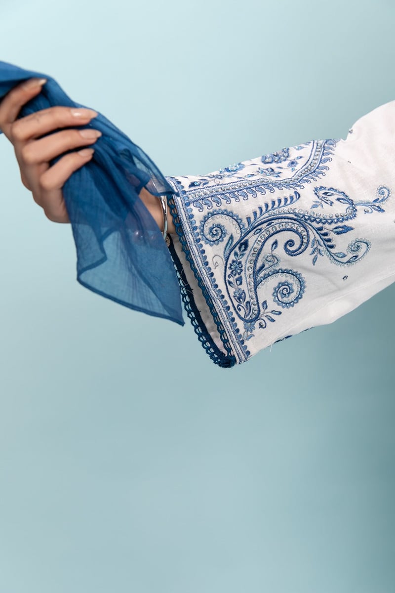 White and Indigo Embroidered Linen Kurta Set with Dupatta