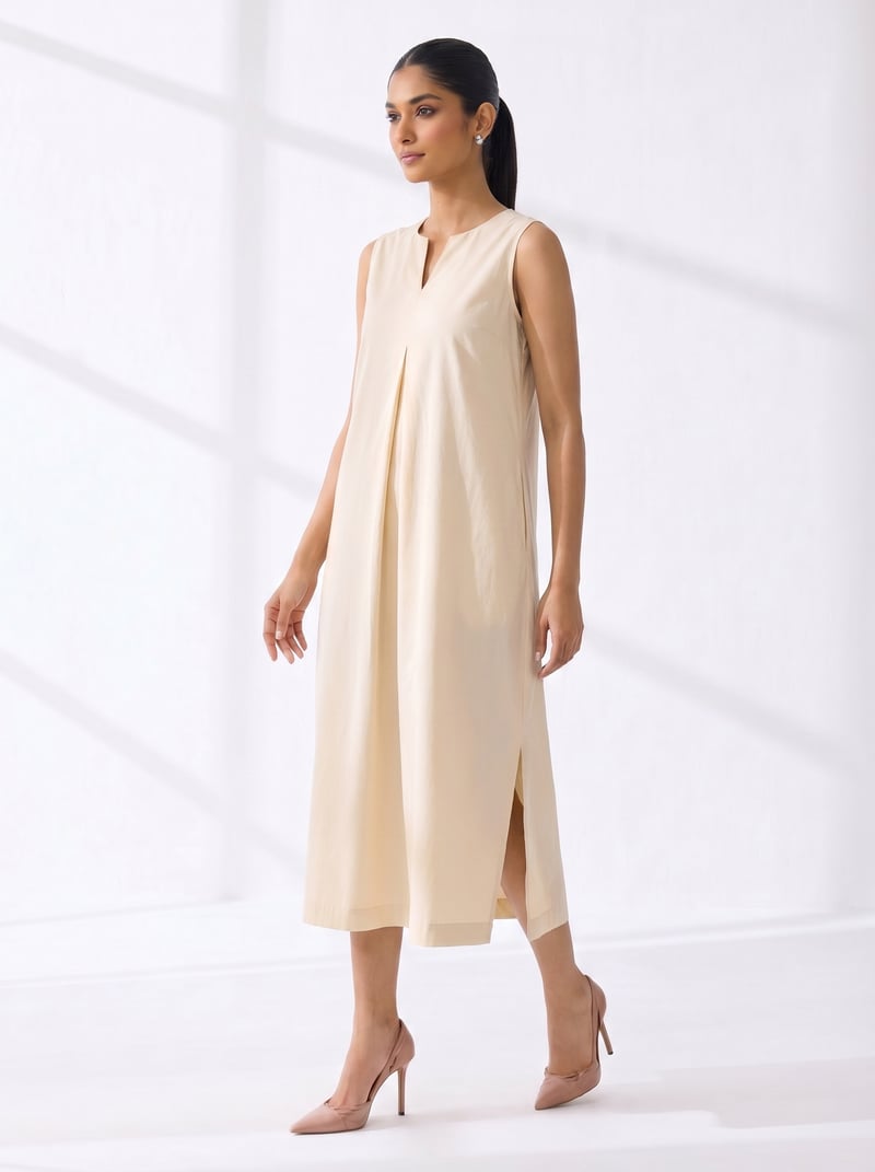 Ecru Sleeveless A-Line Midi Dress with Side Slits