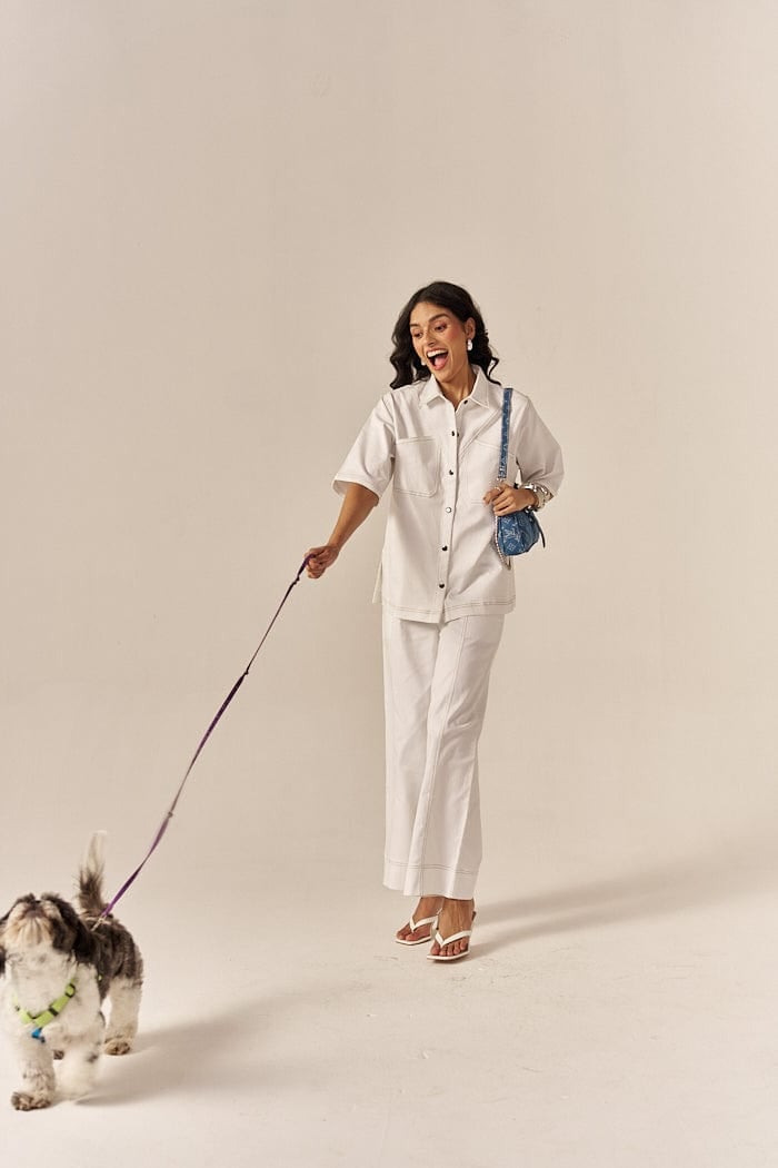 White Denim Oversized Shirt and Flared Pants Co-ord Set