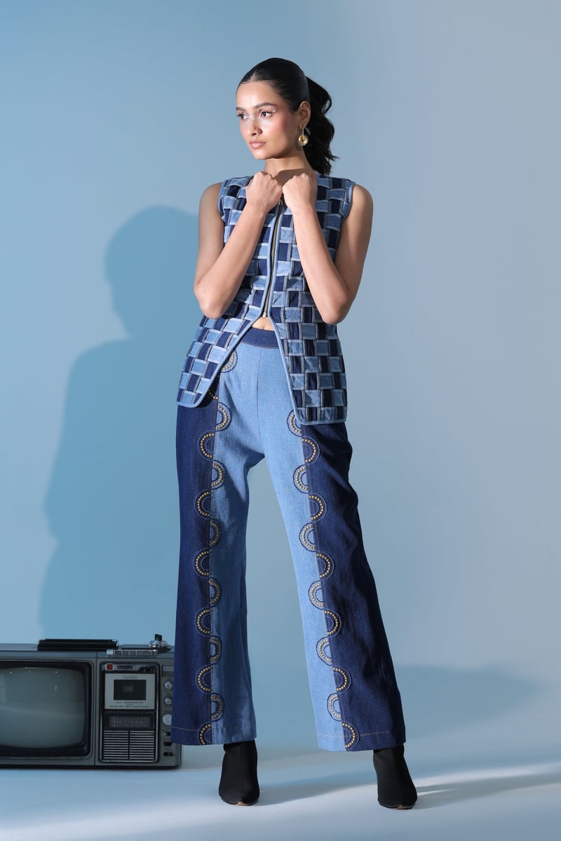 Blue Denim Basket-Weave Jacket and Wide-Leg Co-ord Set