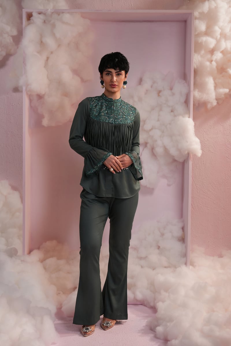Bottle Green Embroidered Yoke Fringe Co-ord Set — Simar Tuli