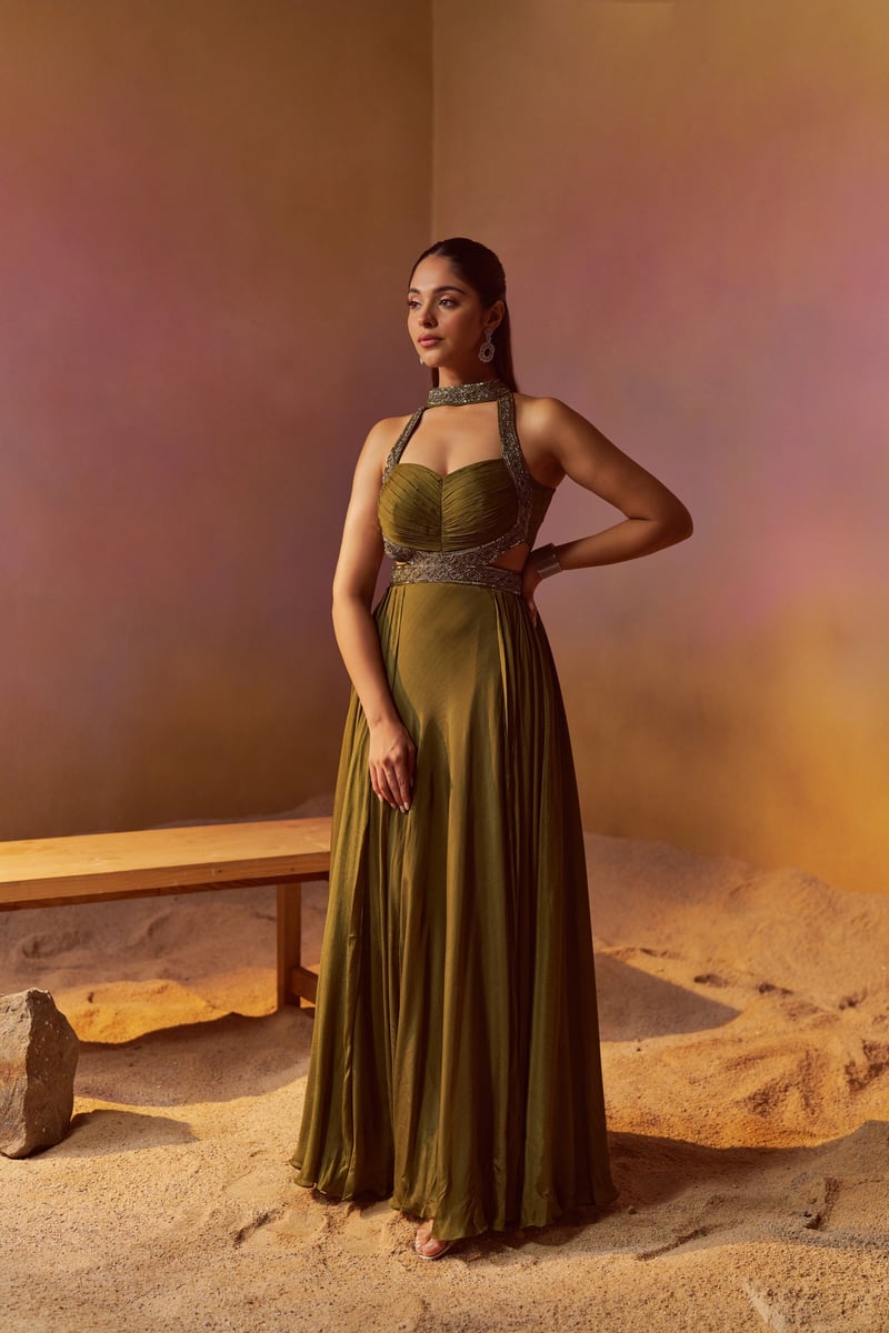 Dusty Olive Green Chiffon Halter-Neck Maxi Gown
