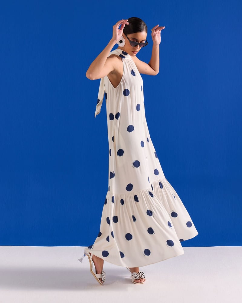 Blue/White Polka Dot Halter Neck Tiered Maxi Dress