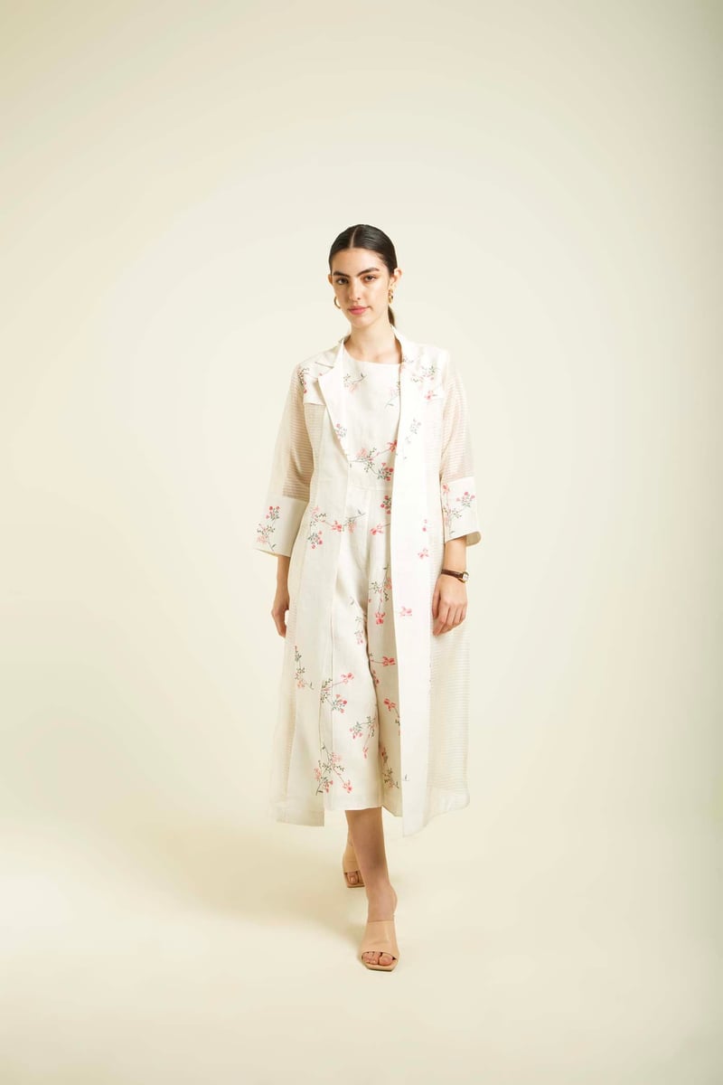 Ivory Floral Printed Linen Jumpsuit with Organza Jacket Set — Arcvsh Pallavi Singh