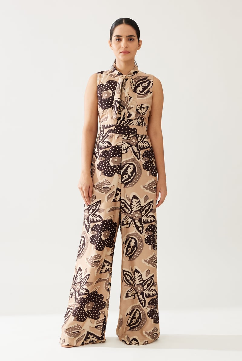 Cream And Dark Brown Floral Bow Tie Jumpsuit