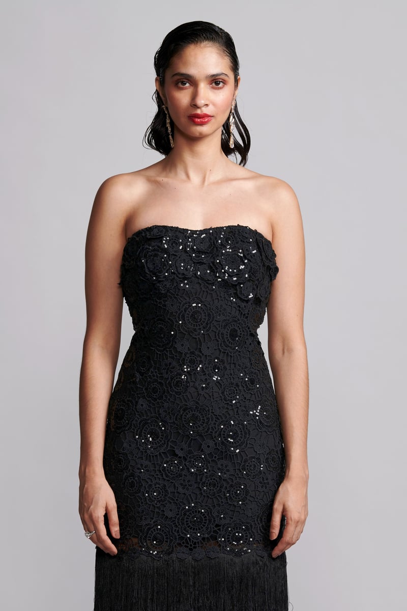 Black Strapless Sequin Lace Fringe Hem Midi Dress
