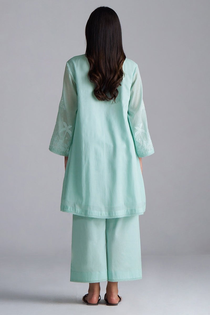 Dusky Aqua Mul-Mul Embroidered Kurta and Pant Co-ord Set