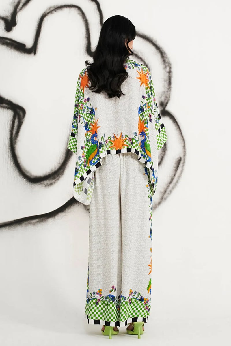Ivory Printed Cape Top and Wide-Leg Pants Co-ord Set