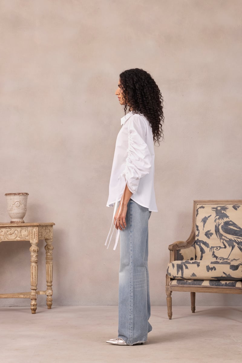 Lavender Ruched Sleeve Zip-Front Shirt