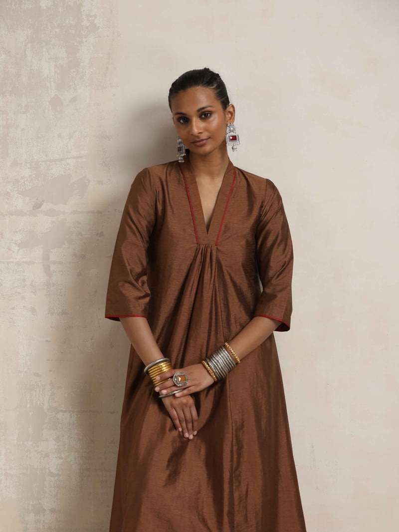 Brown Silk Blend A-Line Kurta Set with Pants