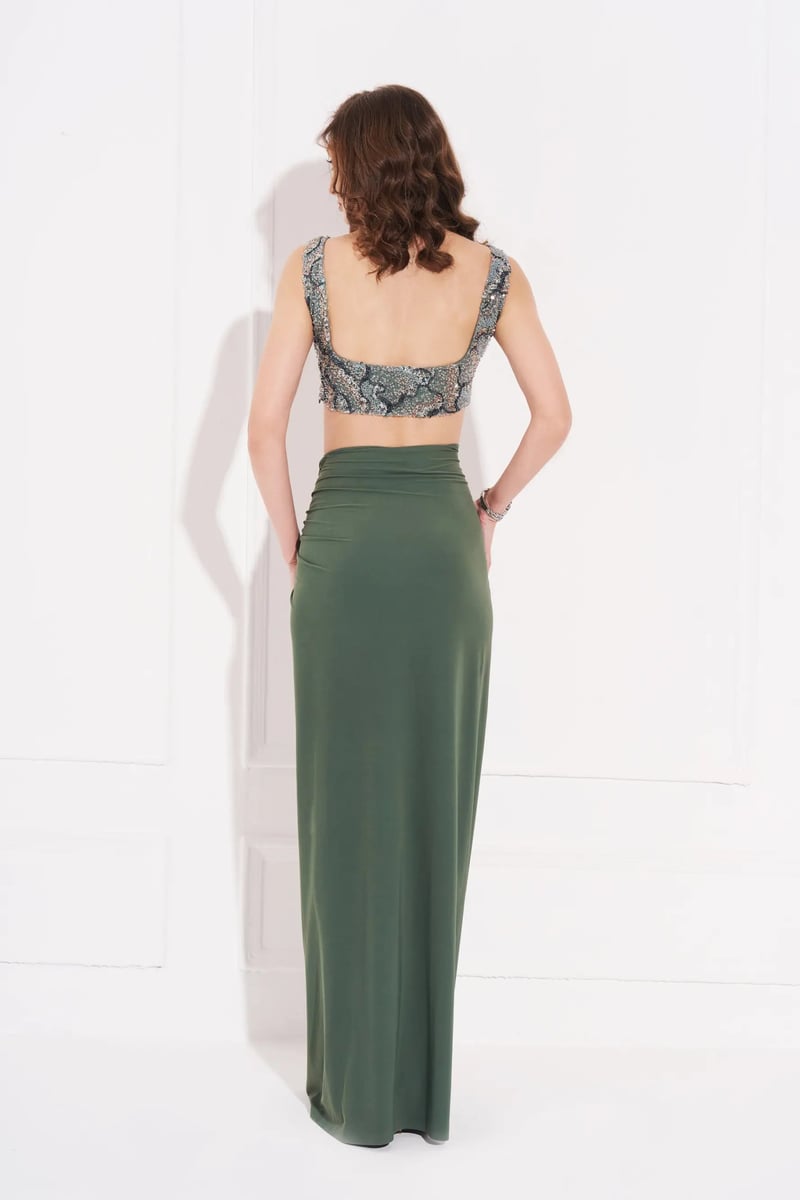 Teal Green Draped Side-Knot Maxi Skirt