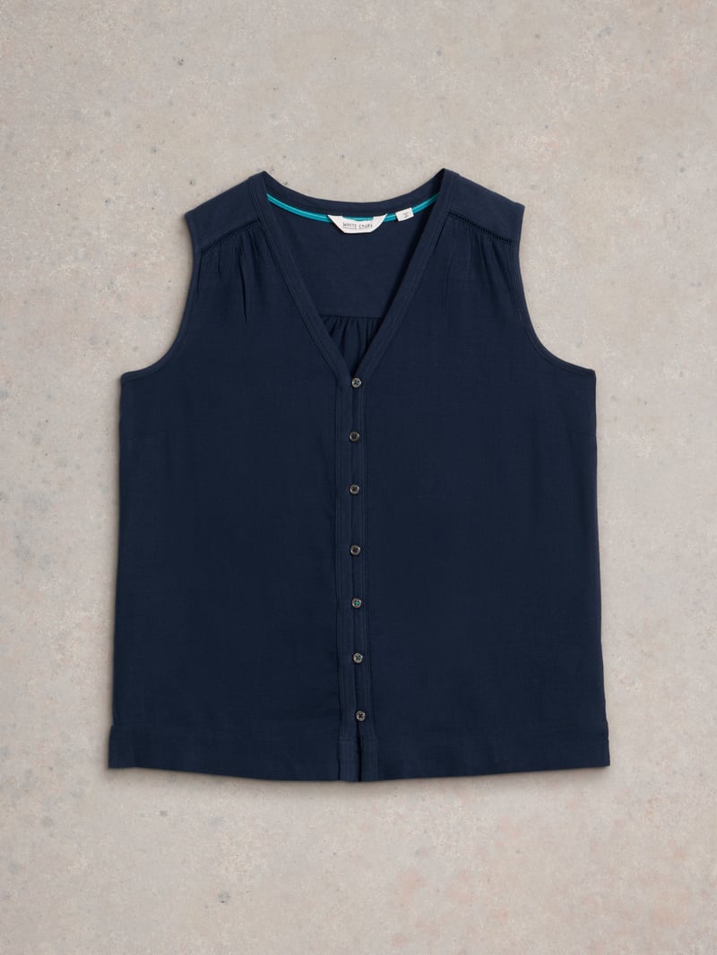 Dark Navy Sleeveless V-Neck Button-Front Top