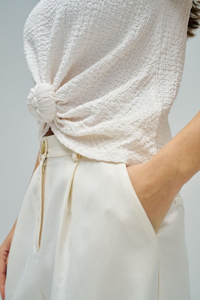White Textured Knot-Front Round Neck T-Shirt
