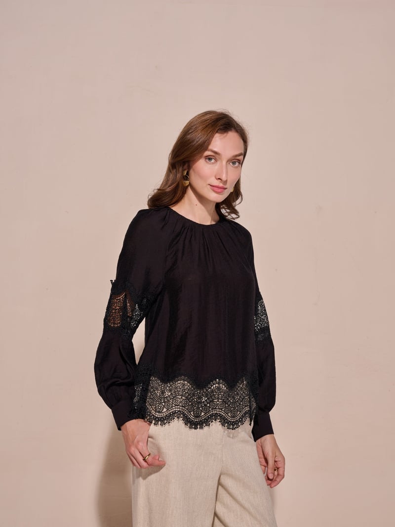 Black Flowy Lace-Detail Top with Full Sleeves