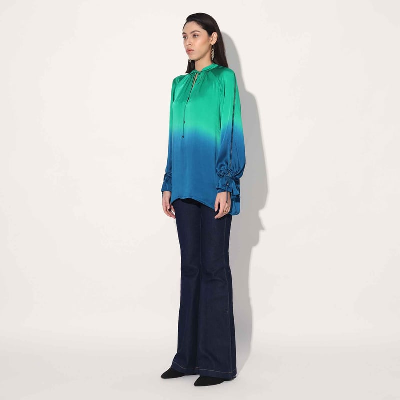 Blue/Green Ombre Viscose Satin Tie-Up Neck Longline Top