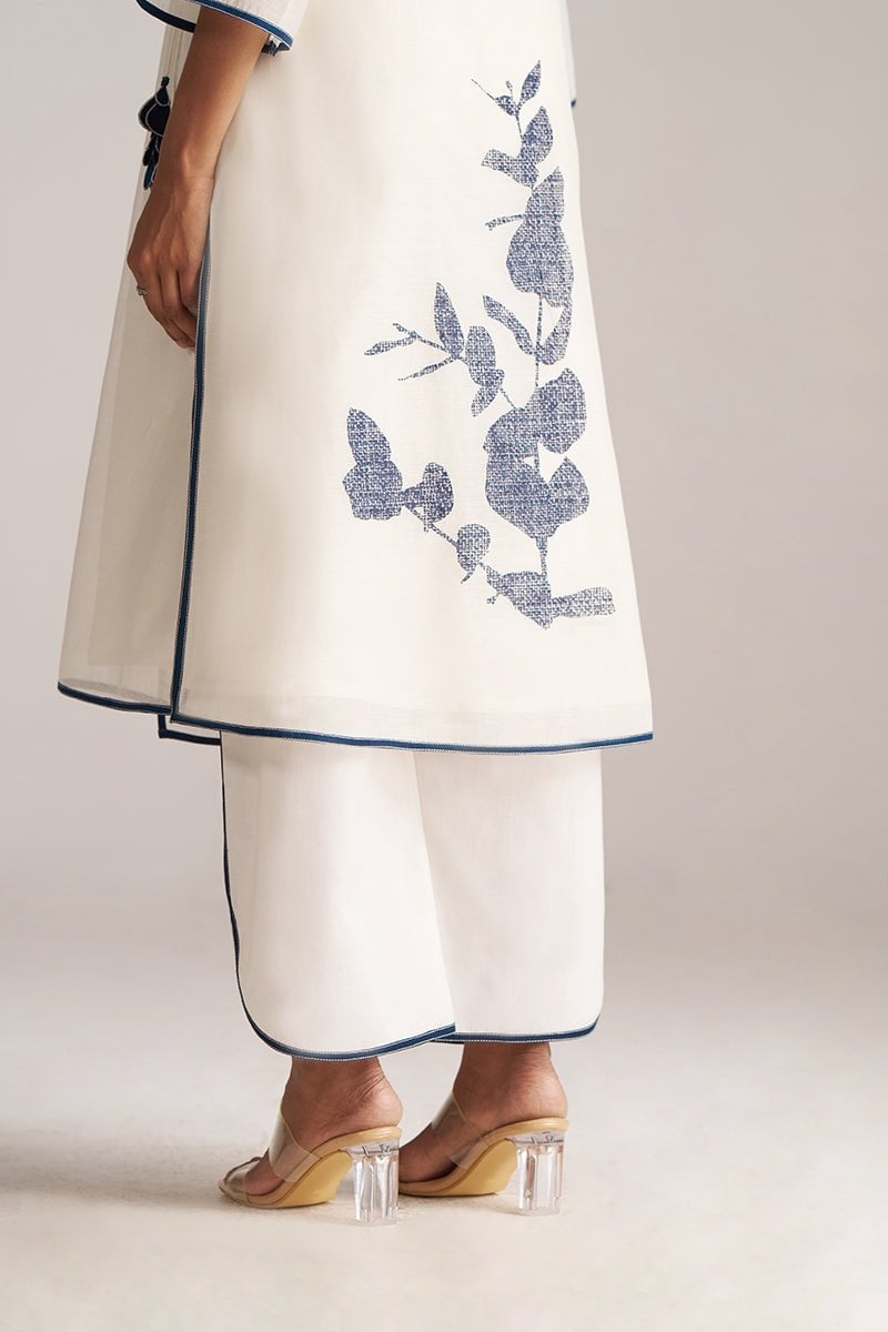 Ivory and Navy Printed Angrakha Chanderi Kurta Set