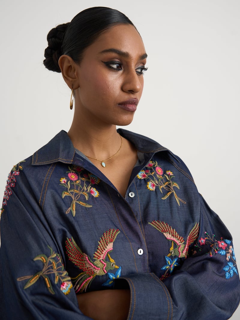 Blue Denim Embroidered Shirt and Wide-Leg Pants Co-ord Set