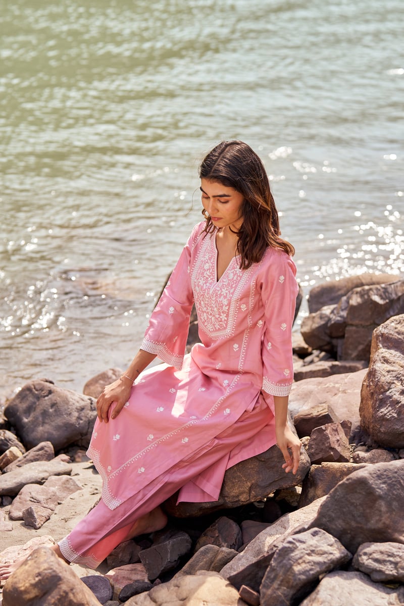 Pink Pure Cotton Embroidered Kurta Set with Dupatta